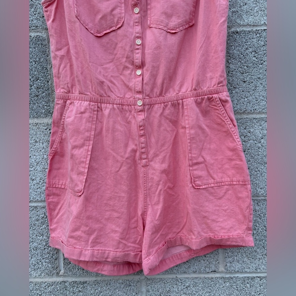 PACT Chambray Romper Size Small Pink Organic Cotton Elastic Waist Pockets Collar - Picture 2 of 14